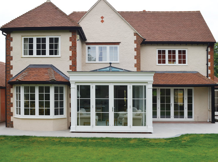 Recessed Edwardian Slimline Casement windows and French Doors for this Cottage extension in Dunsfold, Surrey